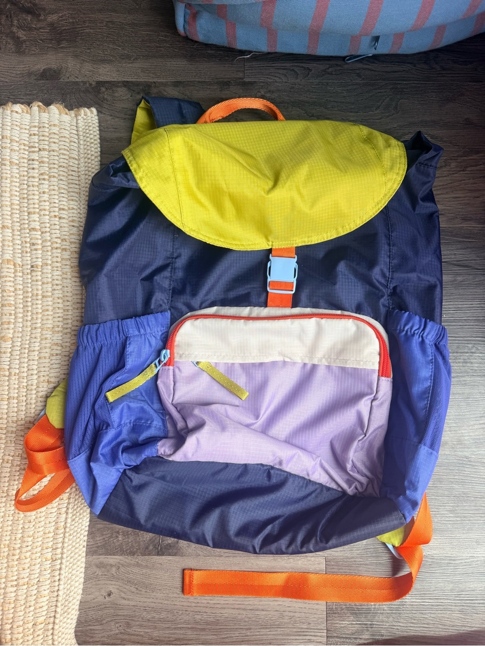 Vera Bradley Colorblock Backpack in Yellow, Purple, Navy with Orange Accents